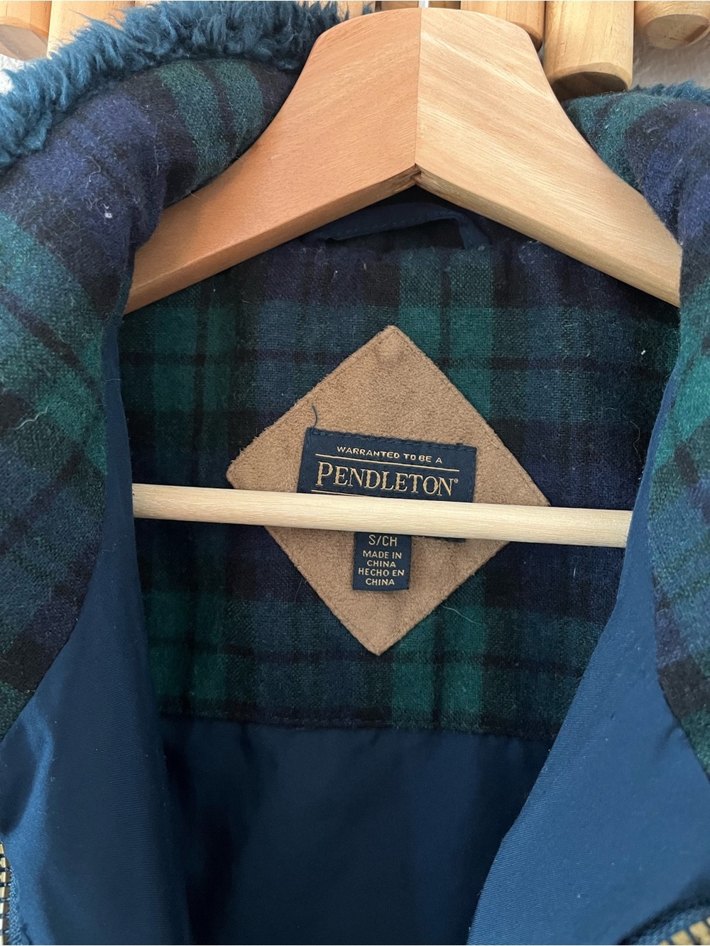Pendleton Women Small Sherpa Coat Jacket Fleece Wool Plaid Blue Green - Picture 6 of 9